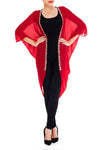 Model wearing red kimono with sparkling crystal petals of pink, lemon and white